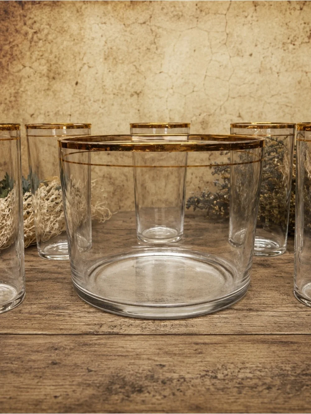 Vintage Gold Rim Glass Ice Bucket with 5 Matching Tumblers Barware Cocktail Set